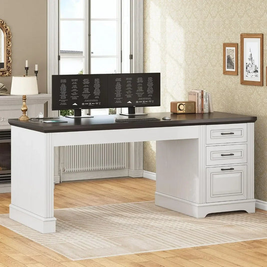 Office Desk with 3 Drawers, 55" Executive Computer Desk with Storage Drawers, Farmhouse Desk with Power Outlet for Home Office