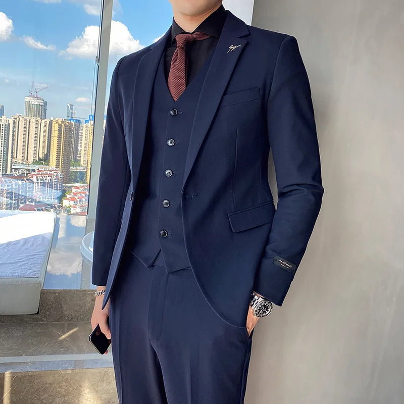 (Jackets+Vest+Pants) 2022 New Men's pure cotton business Blazers/Man slim fit three-piece casual suit/Fashion groom dress S-3XL