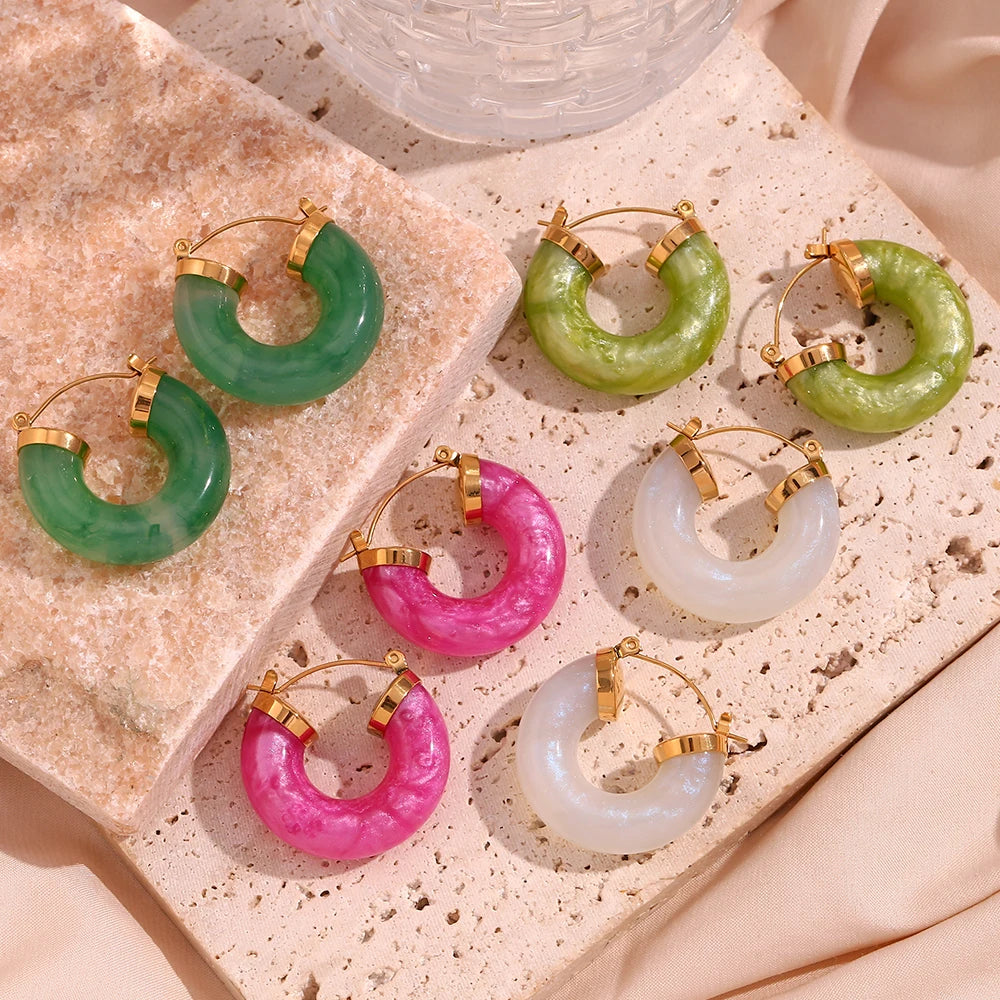 E.B.belle Summer Acrylic Green Pink White Chunky Tube Pipe Shape Hoop Earrings For Women Circle Loop Y2K Earrings For Ladies