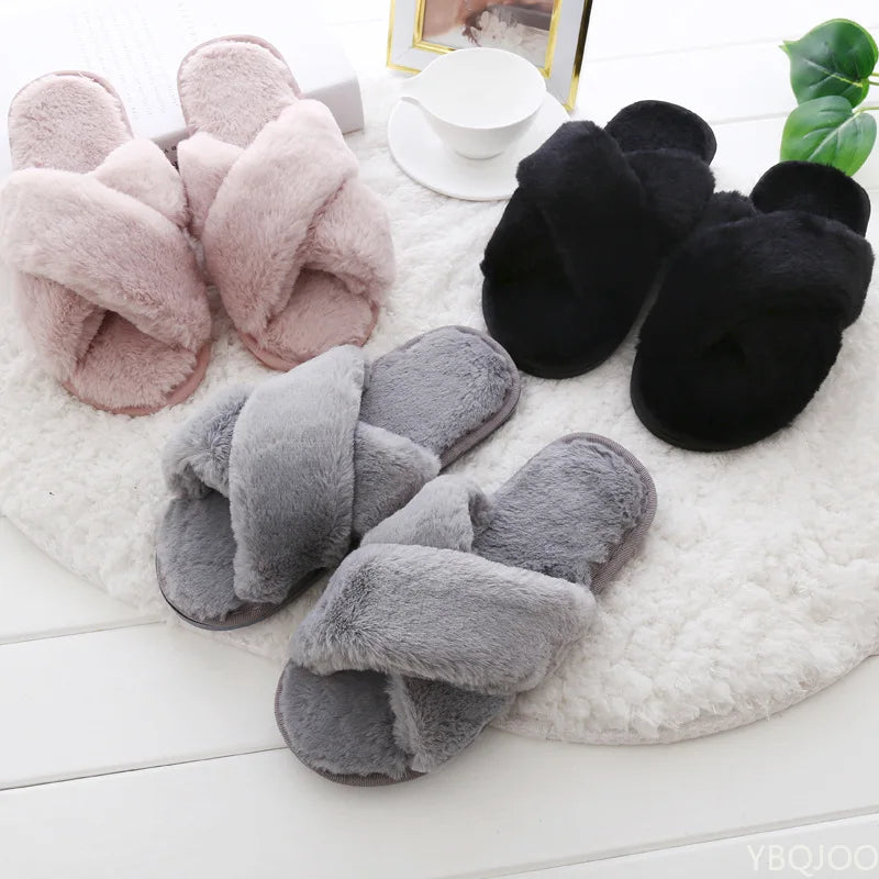 2022 NEW Design Women Winter House Furry Slippers Women Cross Fluffy Fur Home Slides Flat Indoor Floor Shoes Ladies Flip Flops