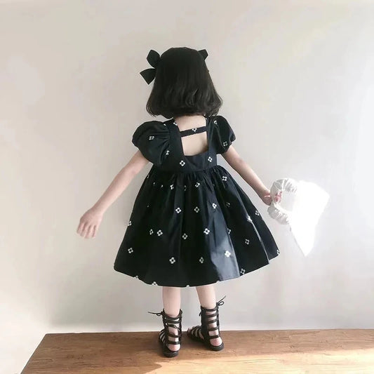 Girls' Summer Short Sleeve Dress New Polka Dot Korean Edition Children's Cute Bubble Sleeve Open Back Princess Dress