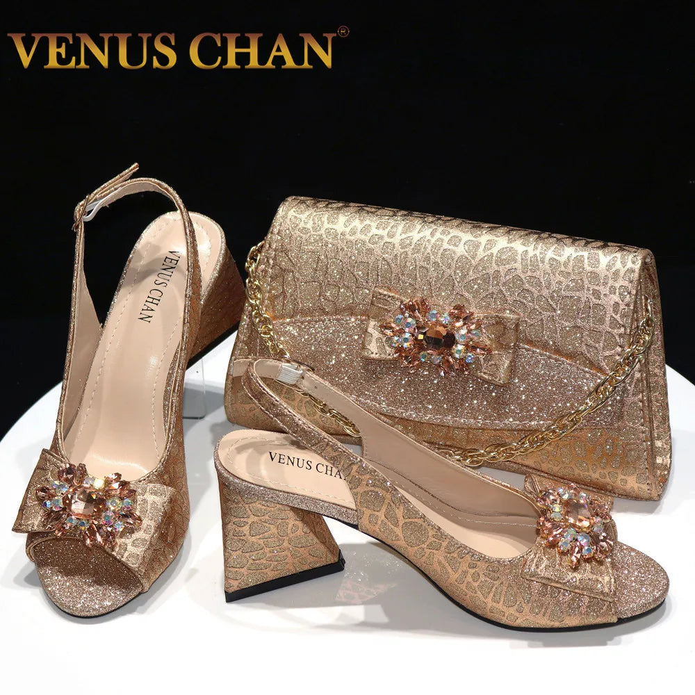 Venus Chan Champagne Color Ladies Sandals Butterfly Design High Heels Shoes and Bag Set For Offices Women PartyvPump