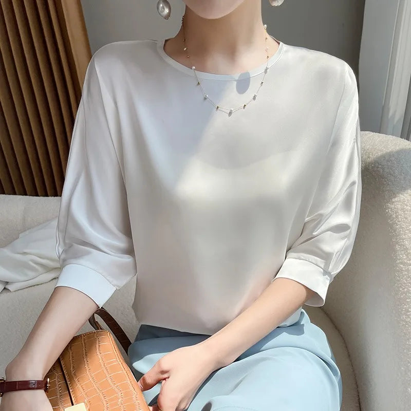 HIgh Quality Office Lady Tops Summer Half Sleeve O-Neck Satin Blouse Women Shirts Simple Solid Fake Silk Casual Loose Blusas