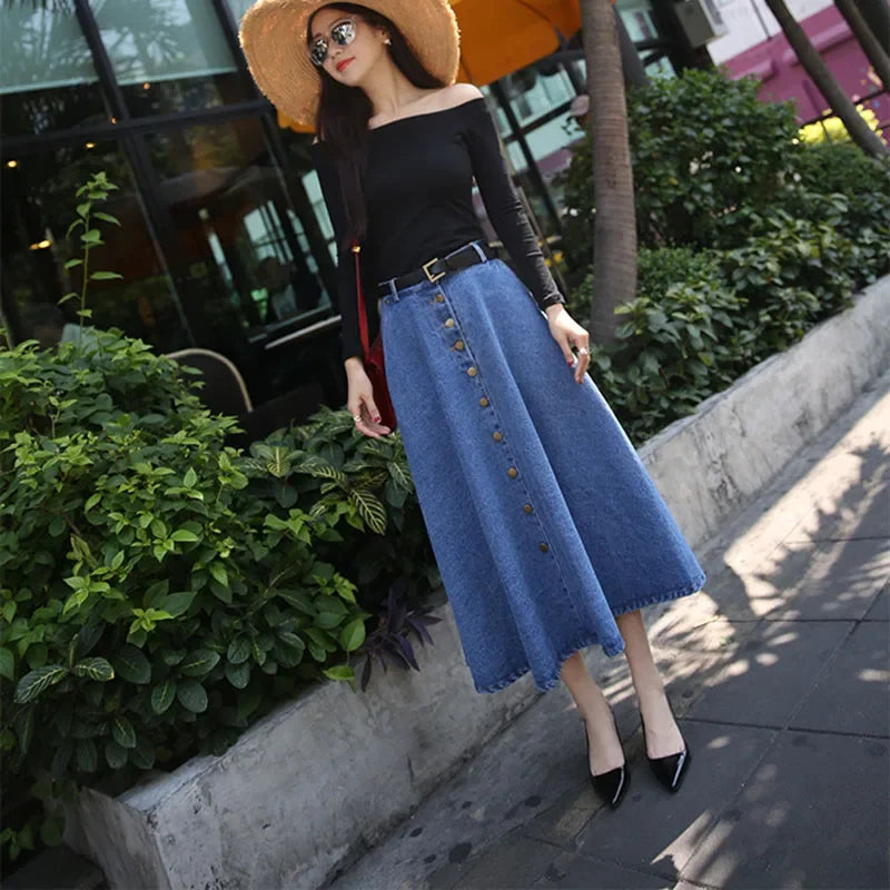 Long Denim Skirt Women Maxi High Waist Single-Breasted A-Line Jeans 2021 Summer New Fashion Korean Style Elegant Ladies Clothes