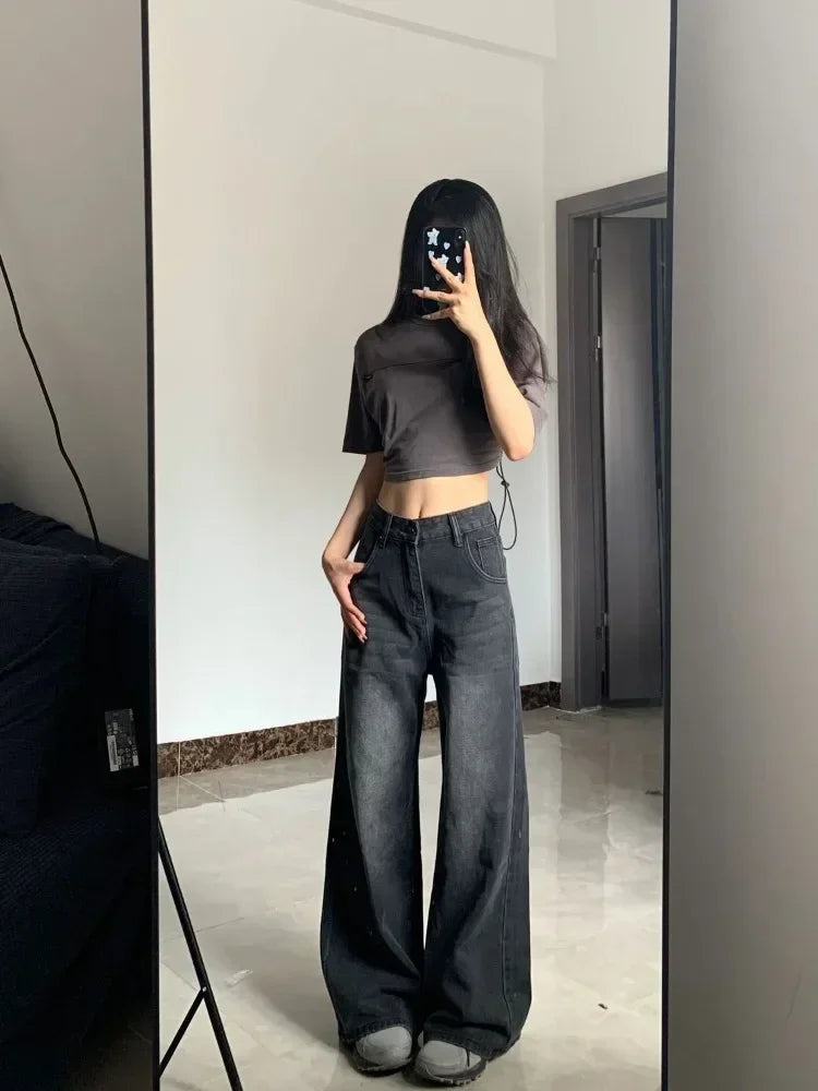 HOUZHOU Vintage Black Jeans Women High Waist Grunge Y2k 90s Streetwear Baggy Casual Korean Fashion Straight Washed Denim Trouser