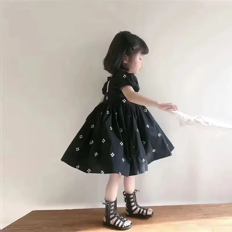 Girls' Summer Short Sleeve Dress New Polka Dot Korean Edition Children's Cute Bubble Sleeve Open Back Princess Dress