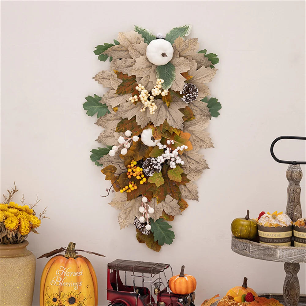 Artificial Pumpkins Maple Leaves Fall Wreath For Front Door Wall Farmhouse Decor And Thanksgiving Harvest Festival Celebration