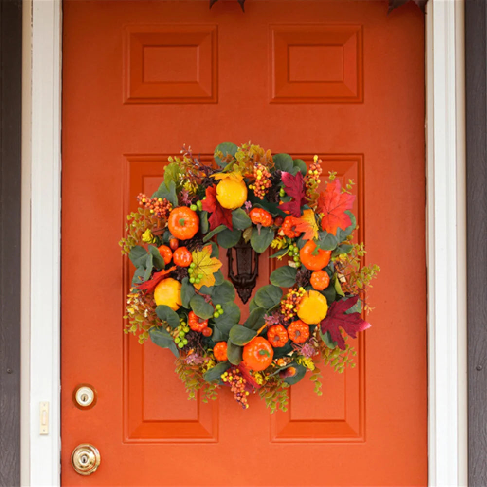 Fall Wreath Artificial Pumpkin Wreaths Wall Hanging, Farmhouse Fall Decorations Eucalyptus Leaves Plump Berries For Harvest