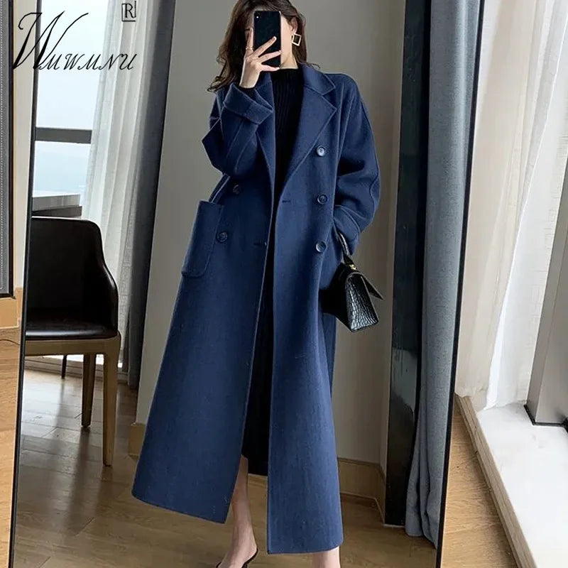 Elegant Belt Long Wool Blends Coats Oversize 90kg Korean Thick Winter Outerwear Double Breasted Woolen Chaquetas Warm Jacket