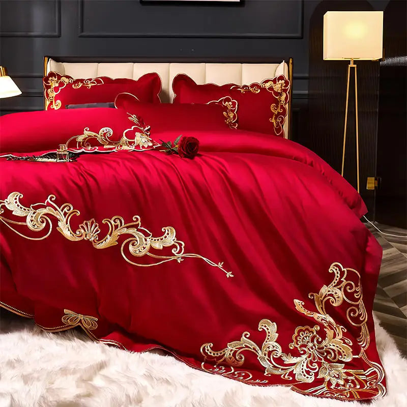 Modern Art Gold Embroidery Bedding Set Luxury Red Egyptian Cotton Wedding Duvet/Quilt Cover Bed Sheet Pillow Shams Bedclothes