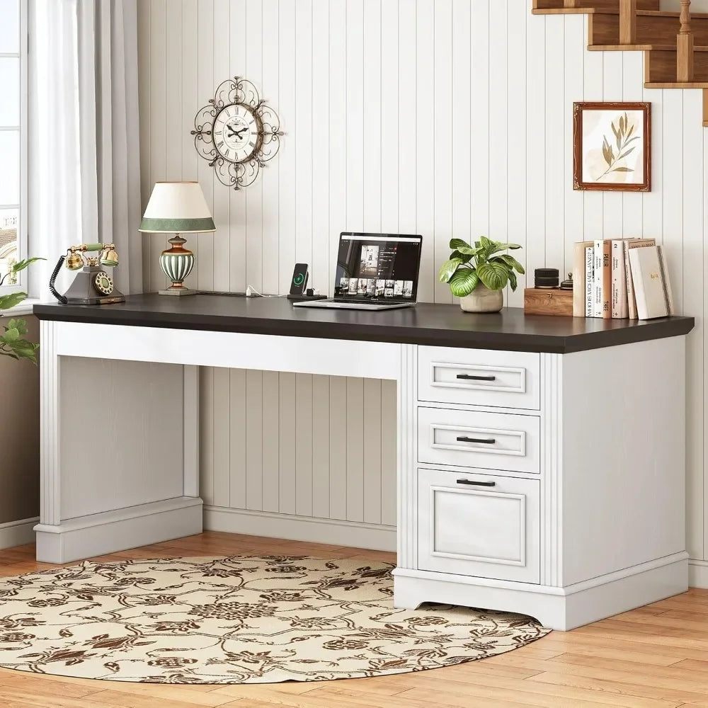 Office Desk with 3 Drawers, 55" Executive Computer Desk with Storage Drawers, Farmhouse Desk with Power Outlet for Home Office