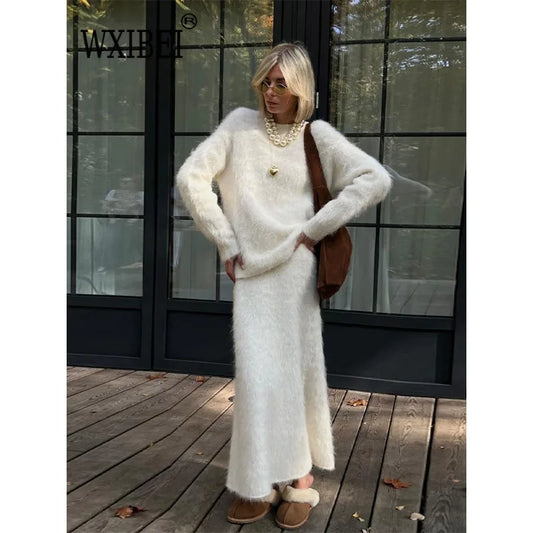 Loose Mohair Knit Skirt 2 Piece Set Women Chic Long Sleeve Solid Long Skirt Suit Lady Female Autumn Winter Warm Sweater Outfit