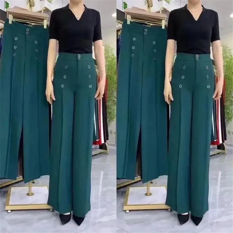 Spring Summer Trousers Women 2023 New Fashion Loose Slacks Double-Breasted Wide-Leg Pants High Waistpure Colour Trousers Female