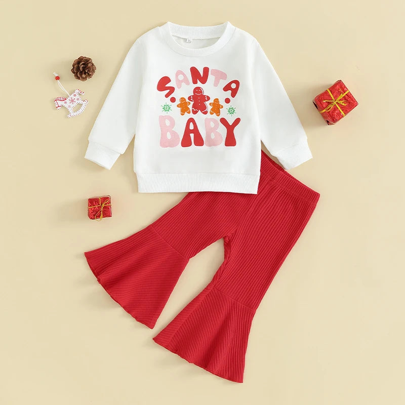 Toddler Baby Girl Christmas Outfit Long Sleeve Letter Print Pullover Sweatshirt Flared Pants Fall Winter Clothes Set