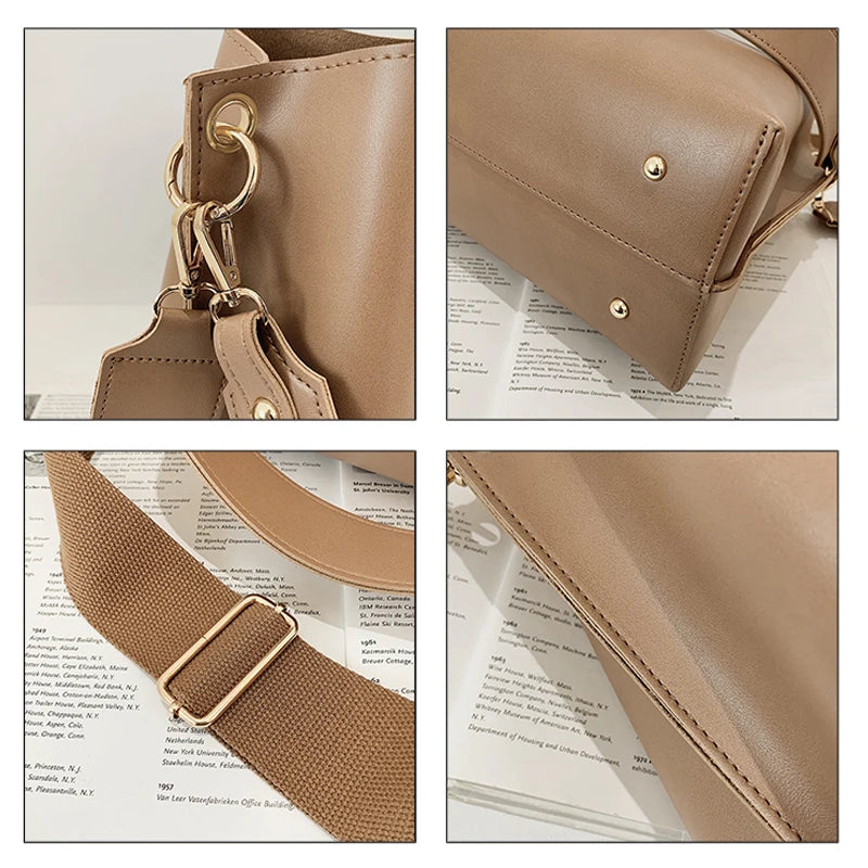 Fashion Ladies Handbags Big Bucket Bag Elegant Wide Shoulder Strap Shoulder Bags for Women Soft Leather Crossbody Bag Wallet