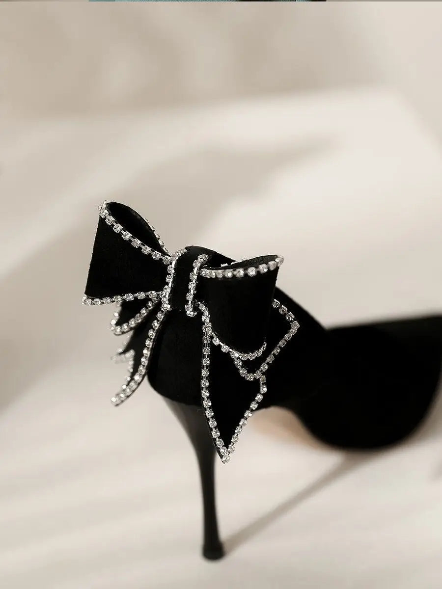 Ladies Summer Footwear Super High Heel With Bow Rhinestone Crystals Stilito Diamond Black Shoes For Women 2024 Young On Sale E A