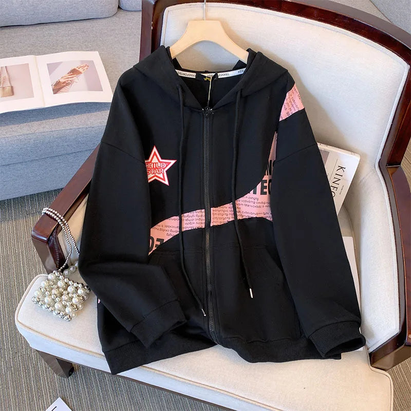 150Kg Plus Size Women's Bust 160 Autumn Loose Hooded Sweater Coat Irregular Splice Top Black Apricot 6XL 7XL 8XL 9XL 10XL