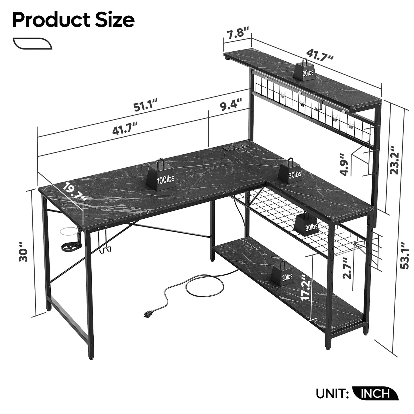 L-Shaped Reversible Gaming Desk with Power Outlet and 4 Tiers Shelves, Black Marble