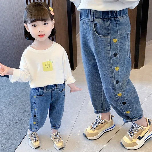 Girls' Pants Spring Fall 2024 Children'S Pants Spring Baby Jeans Medium Children Embroidered Stretch Pants Athletic Trousers