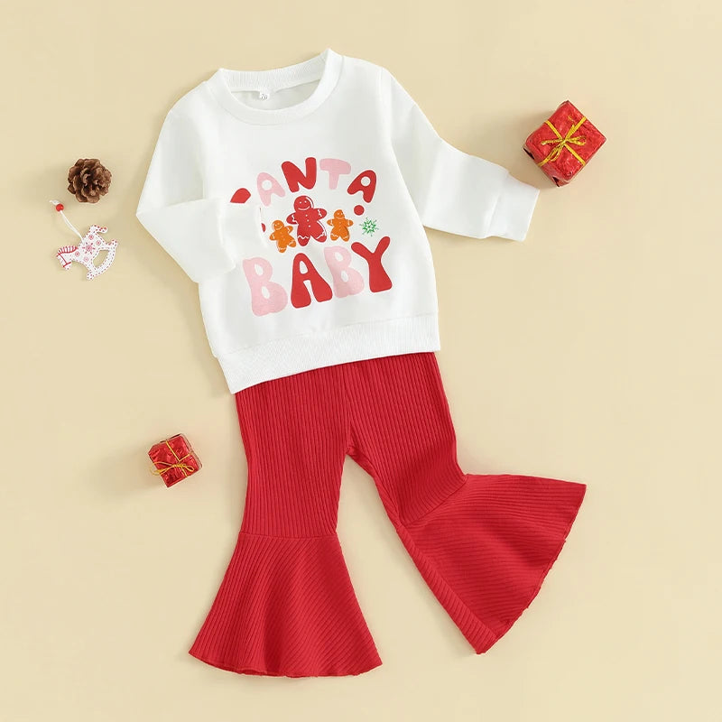 Toddler Baby Girl Christmas Outfit Long Sleeve Letter Print Pullover Sweatshirt Flared Pants Fall Winter Clothes Set