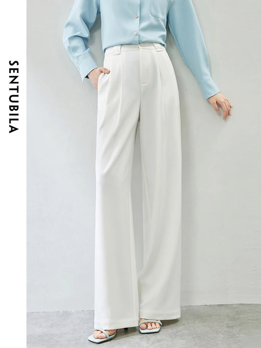 SENTUBILA White Straight Dress Pant Women 2024 Spring Simple Wide Leg Full Length Casual Trousers Women's Baggy Pants 141K52798