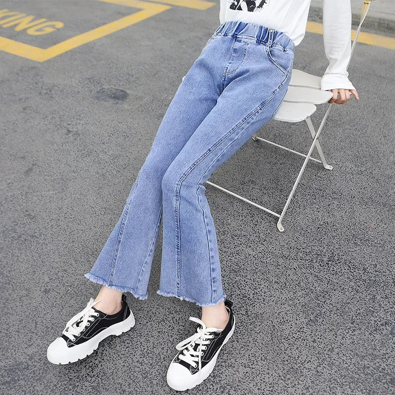 Fashion Patchwork Flared Jeans for Kids Girls Spring Autumn Elastic Waist Denim Pants Children Clothes Teen Baby Casual Trousers