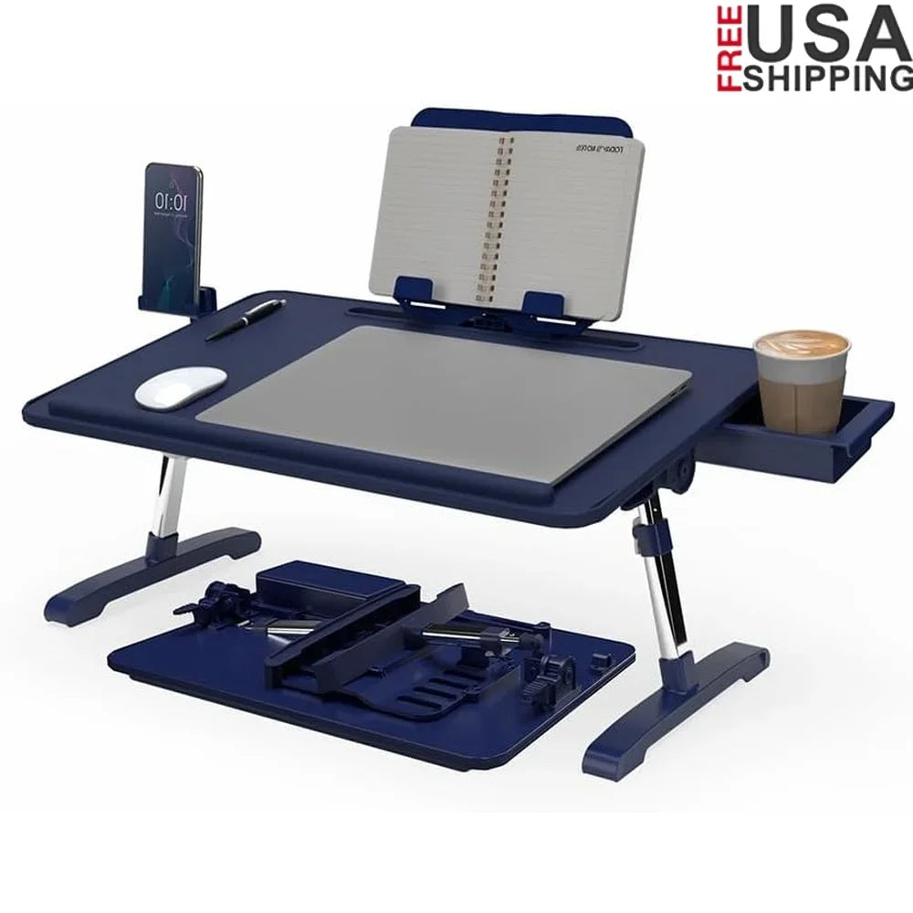 Portable Adjustable Height Workstation Lap Desk with Storage Drawer Cup Holder Non-slip Surface and Device Display Slot