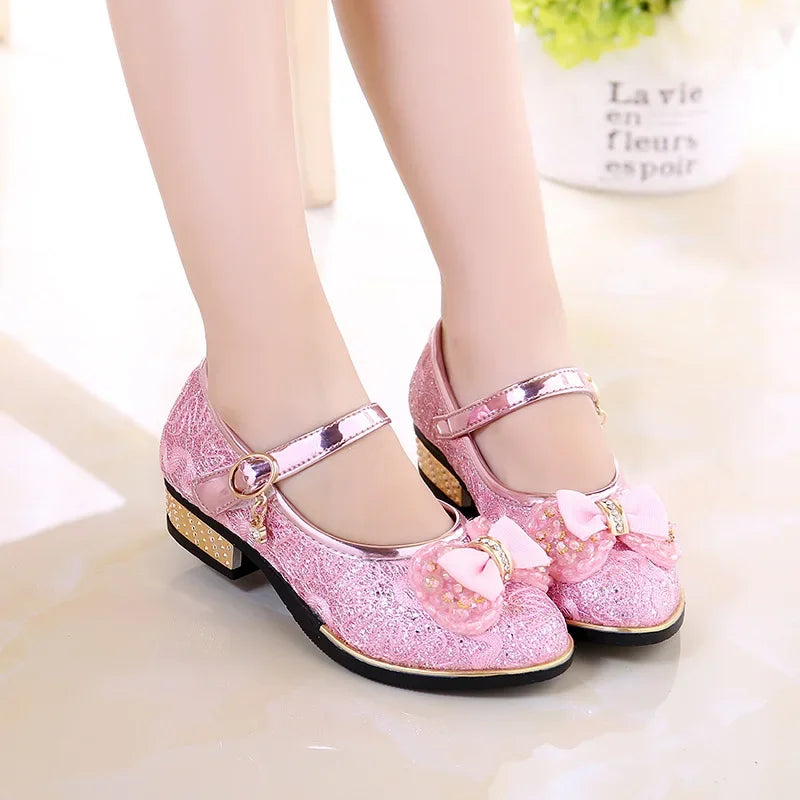 Children Princess Shoes Sweet Bowknot Girls Leather Shoes for Party Wedding Causal Versatile Kids High Heels Dance Single Shoes