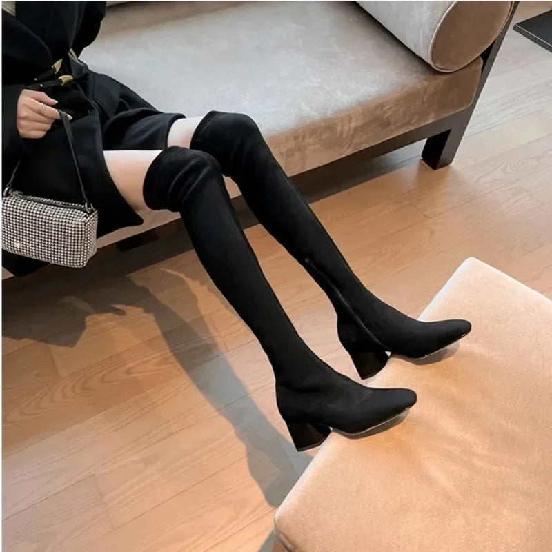 Elastic Long Faux Suede Boots Woman Over-the-knee Boots Casual Black Platform Shoes for Women Autumn Ladies Bottes 2024