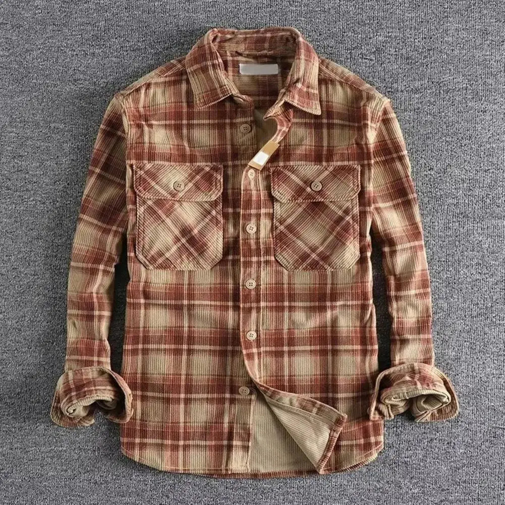 Single-breasted Shirt Men's Plaid Print Cardigan Shirt Coat for Fall Winter with Turn-down Collar Single-breasted Design Stylish