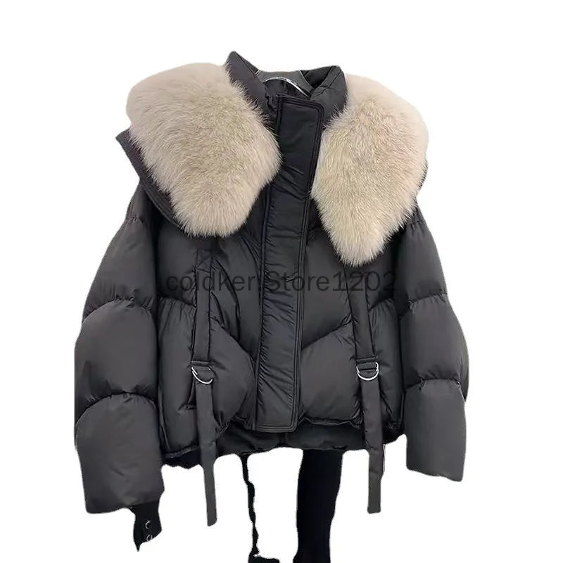 2024 Korean Fashion Fur Collar Winter Women White Jacket Ladies Vintage Short Warm Puffer Coat Female Parka Outerwear