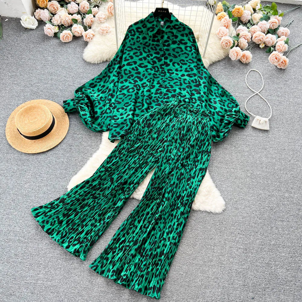 Fashion Elegant 2 Pieces Suit Women Design Sense Batwing Sleeve Shirt Tops + Loose Pleated Wide-leg Pants Female Clothes 2023