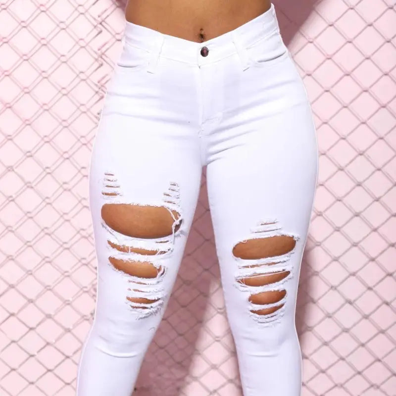 Women Skinny Sexy Ripped Jeans High Waist Hip Lift Cotton Stretch Street Fashion Jeans Ripped Skinny Jeans for Teen Girls