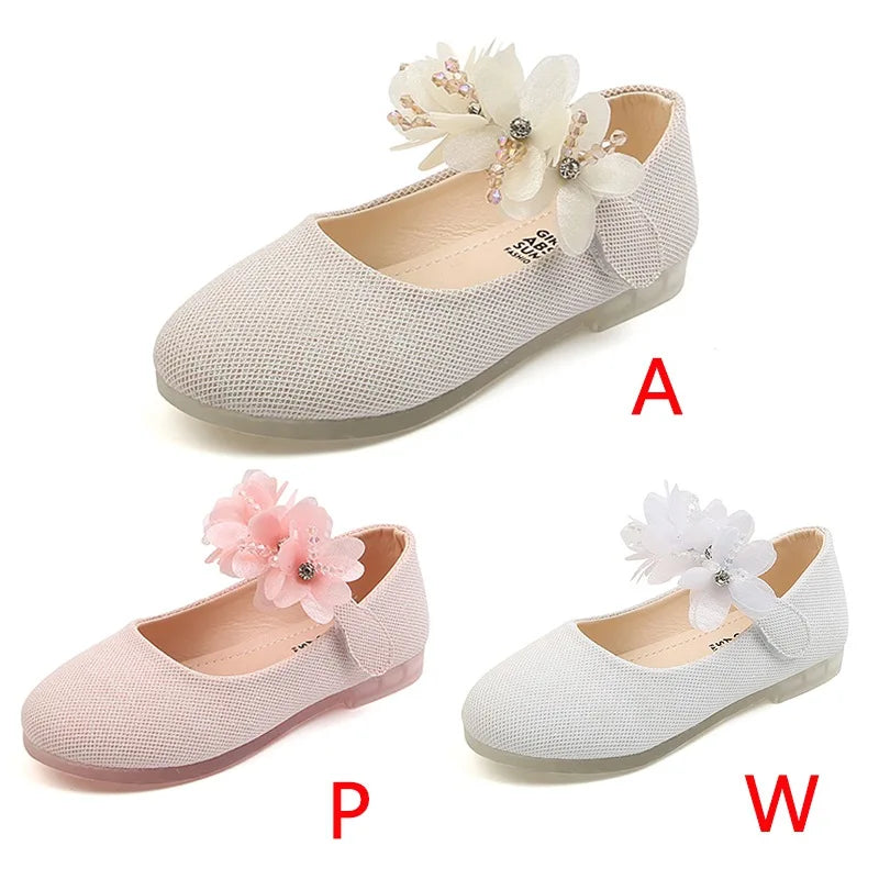 Spring Summer Girls Dress Princess Leather Shoes Lace Shining Flower Soft Sole Flats Performance Party  White Wedding Sandals