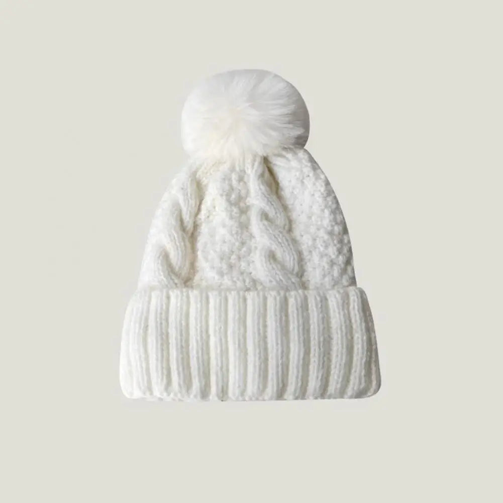 Fall Winter Women Hat Thickened Elastic Knitted Lady Beanie Twisted Pattern Ear Protection Plush Ball Decor Outdoor Cap