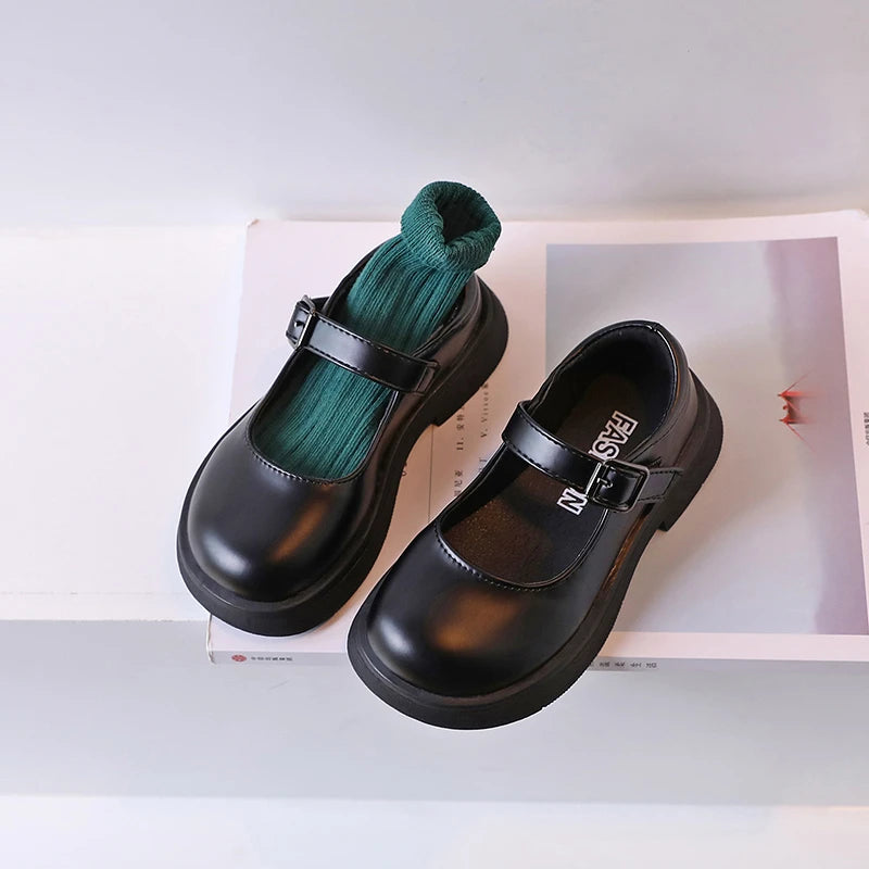 2024 New Girls Leather Shoes Versatile Buckle Black Children Casual School Shoes PU Non-slip Kids Fashion Loafers Korean Style