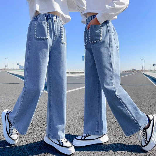 Spring and Autumn Fashion Big Children Trousers Western Style Girls Pearl Round Bag Cowboy Wide Leg Pants Teenage Denim Pants