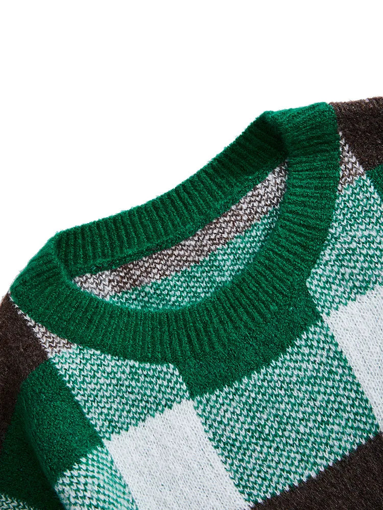 ONELINK Plus Size Women Autumn Winter Pullover Sweater Round Neck Row Hem Green White Black Plaid Oversize Knitwear Clothing