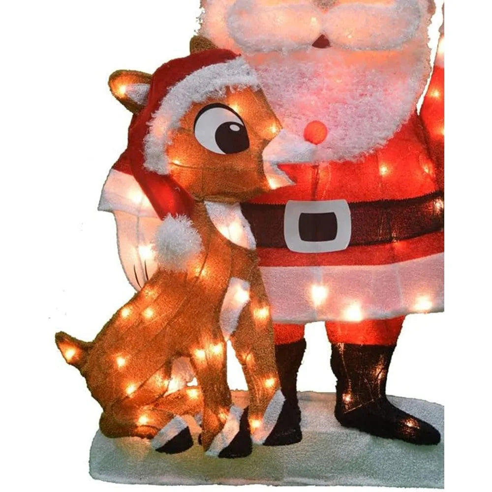 Pre Lit Fabric Santa Claus and Rudolph 2D Outdoor Holiday Lawn Ornament Christmas Yard Decoration with 70 Clear Lights and Stand