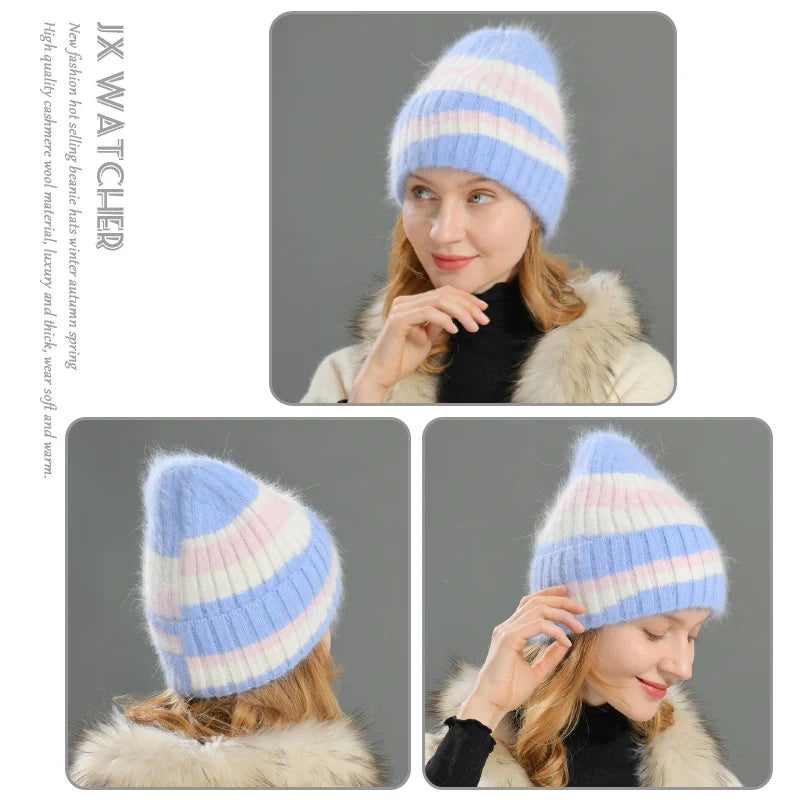 Jxwatcher Winter Long Rabbit Fur Knitted Beanie Hats Ladies Casual Thicken Warm Three Color Joining Together Bonnet Female Fall