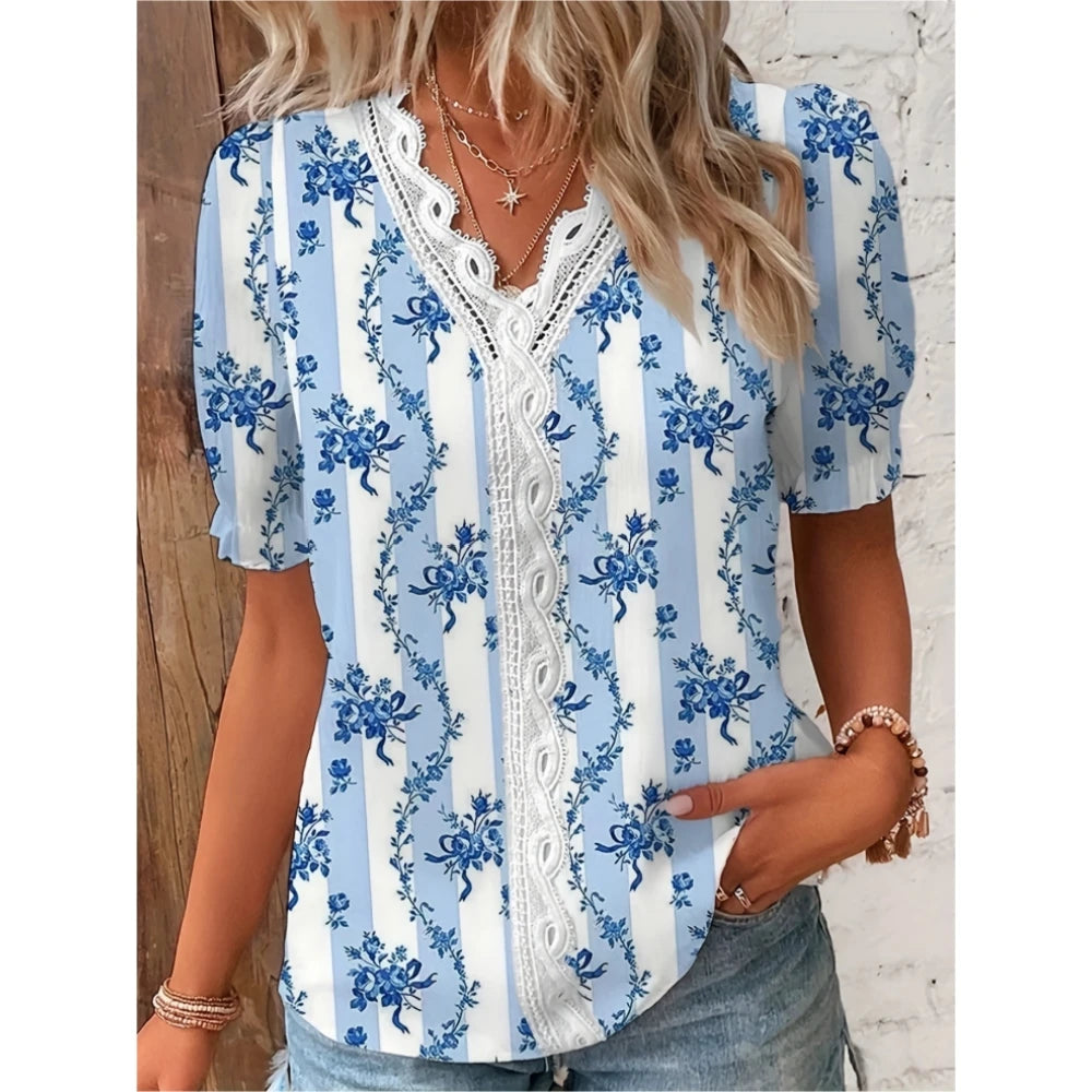 2024 new women's top summer comfortable and casual V-neck lace patchwork printed short sleeved shirt shirt women's clothing