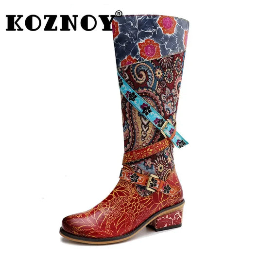 Koznoy 4cm Cotton Fabric Genuine Leather Autumn Spring Ankle Knee High Boots Woman Buckle Ladies Chunky Heels Plus Size Shoes