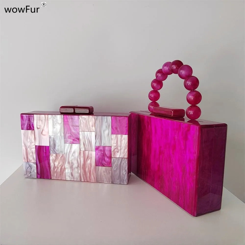 Pearl Hot Rose Pink Plaid Acrylic Box Evening Clutch Bags Wedding Women Dinner Dress Purses Designer Ladies Chain Handbag Chic