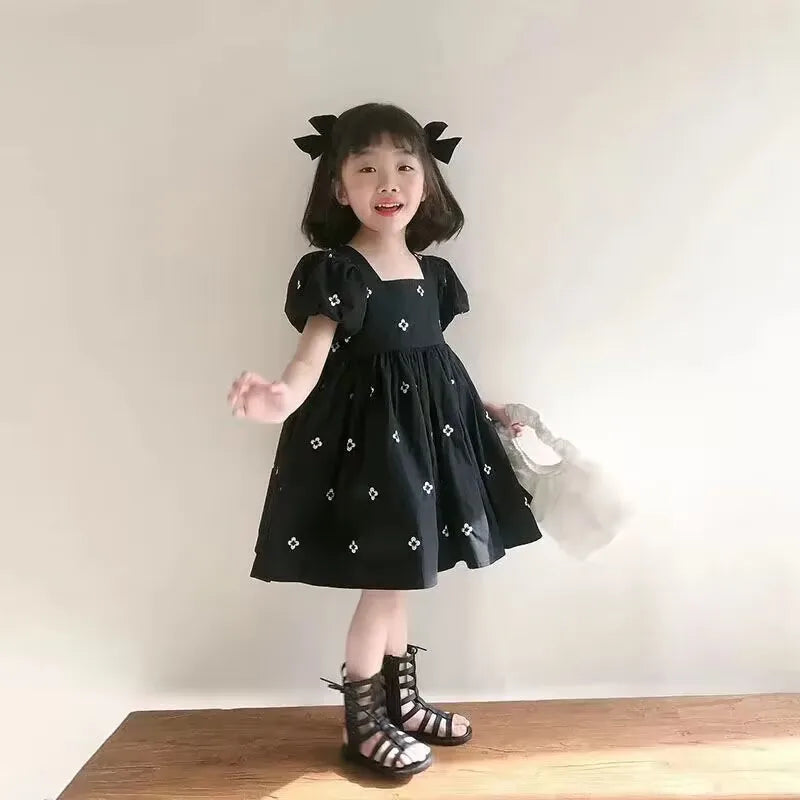 Girls' Summer Short Sleeve Dress New Polka Dot Korean Edition Children's Cute Bubble Sleeve Open Back Princess Dress