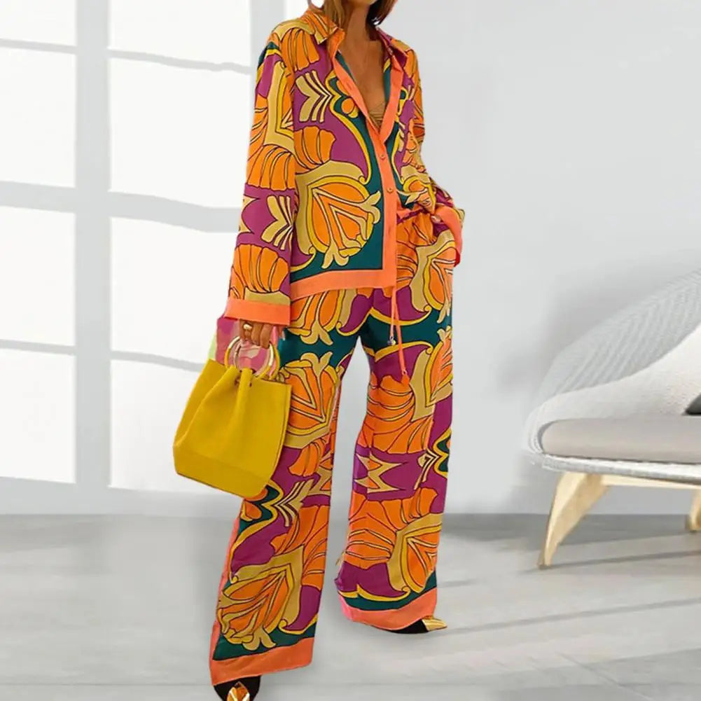 2 Pcs/Set Ladies Shirt Pants Suit Bright Color Print Wide Leg Loose Women Printed Suit Casual Youth Vacation Top Trousers Set