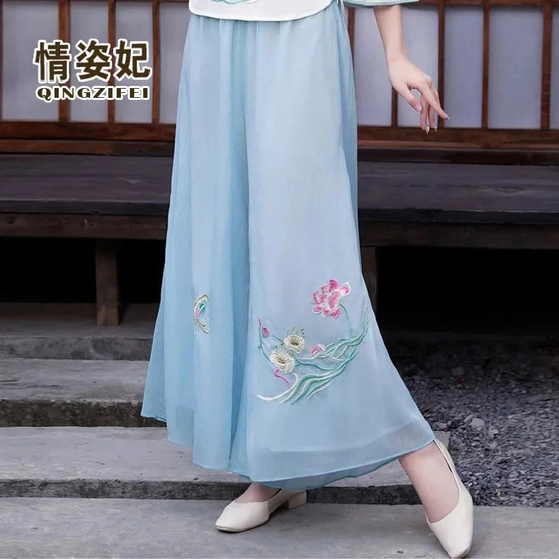 Spring Chiffon Embroidery Wide Leg Pants Woman Clothing High Waist Fashion Tang Dress Skirt Pants Female Vintage Chinese Style