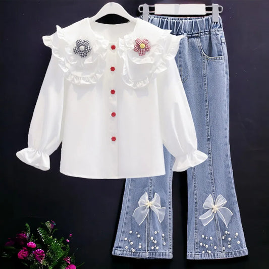 Baby Girls Outfits Suit Floral White Shirt & Jeans 2PCS School Uniform Teens Kids Set Baby Bohemia Costumes 5 7 9 10 12 13 Years