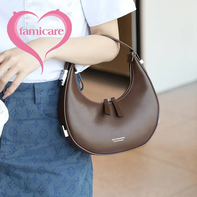 2023 New Women's Female Split Leather Elegant Moon Design Underarm Lady Luxury Shoulder Bag Semi-circular Wrist Handbag Summer