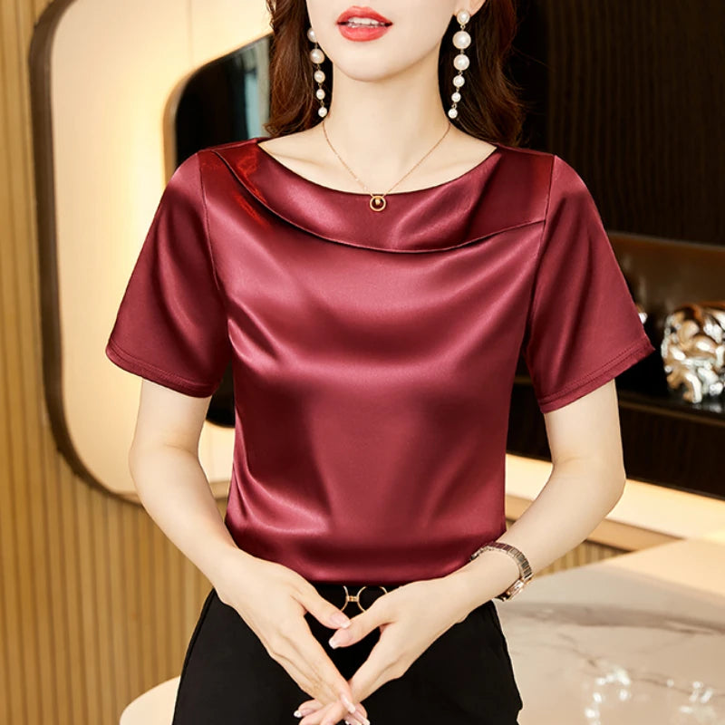 Satin Women Blouse T-shirt Skew Collar Blouses Summer Short Sleeve Womens Tops Solid Elegant Women Clothing OL Shirts for Women