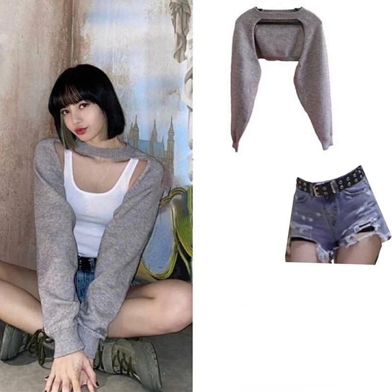 Kpop Girl Group LISA Jazz Dance Gray Slim Long Sleeve Hoodies Short White T-shirt Hip Hop Waist Denim Shorts Women Two Piece Set